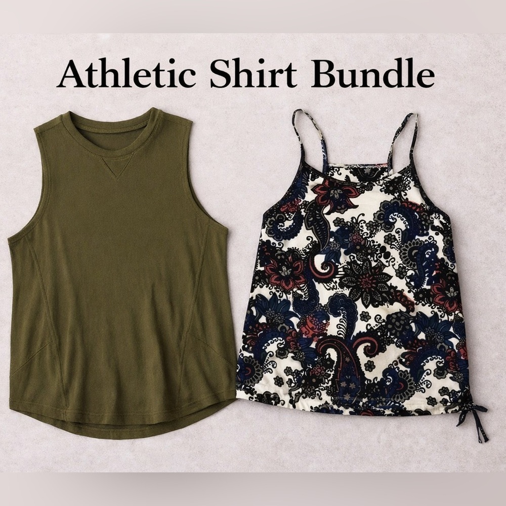 Champion Olive Tank XS + prAna Floral Built-In Bra Top Athleisure Yoga Bundle